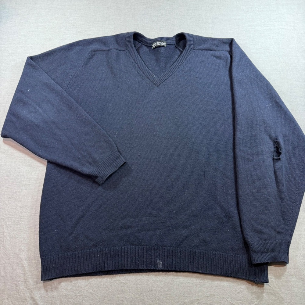 Clan Douglas V-Neck Sweater Mens Large Navy Blue Fair 100% Cashmere‎ Scotland